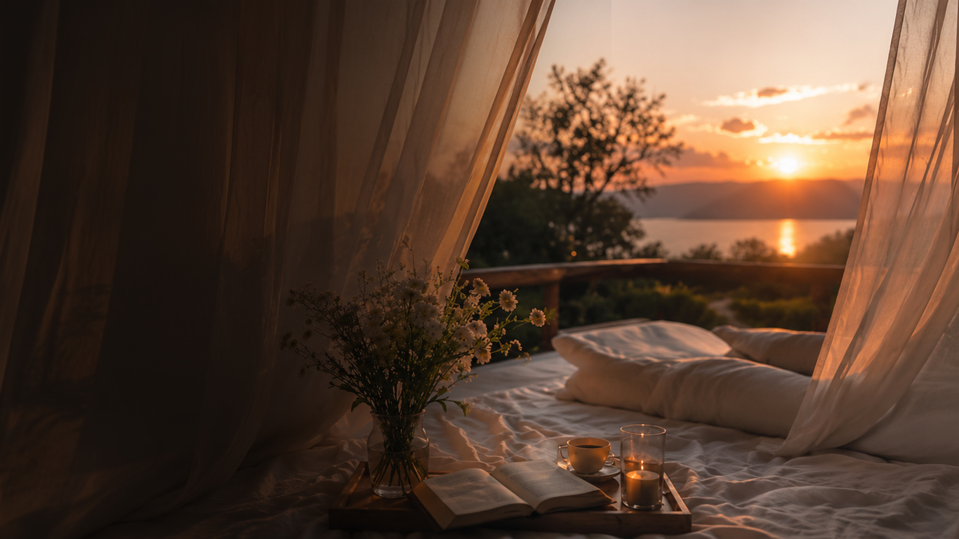 Candlelit tent with armchair, floor cushions and fairy lights at dusk